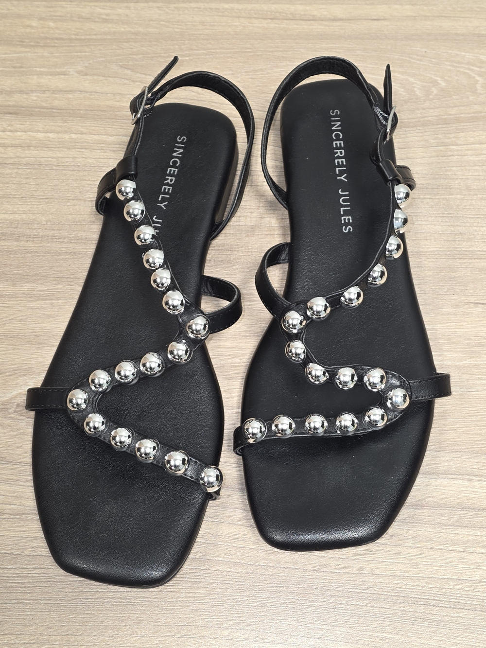 Sincerely Jules Black Slingback Flats Sandals with Silver Ball Studs